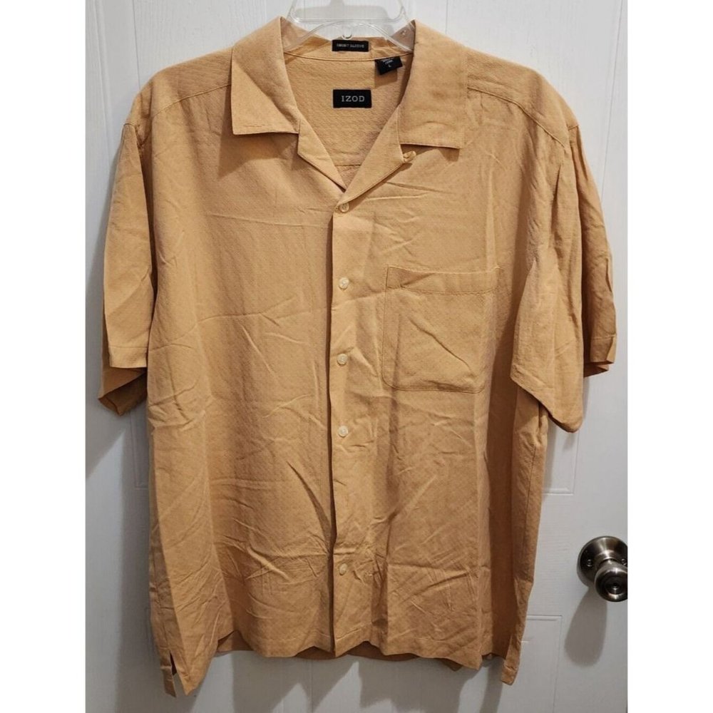 IZOD Orange Hawaiian Camp Pocket Short Sleeve Button Shirt Size Large‎ 100% Silk